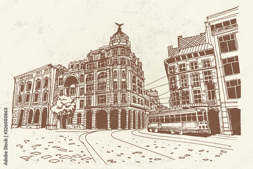 Vector sketch of  street scene in  Antwerpen, Belgium.
