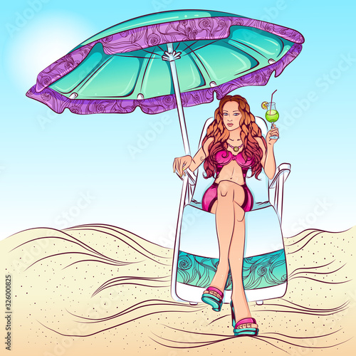 Vector illustration girl sitting in a sun lounger with a cocktail on the sea or ocean beach. Beautiful girl drinking cocktail relaxing under umbrella. Summer holiday or luxury vacation.