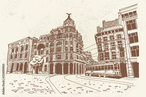 Vector sketch of street scene in Antwerpen, Belgium.