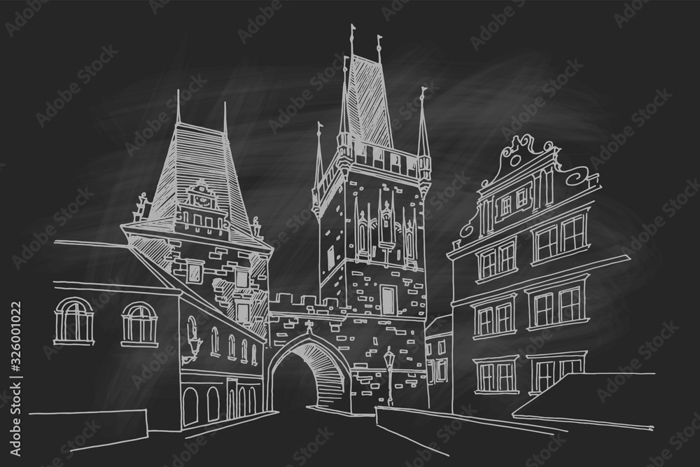 vector sketch of Lesser Town Bridge Towers on Charles Bridge. Prague, Czech Republic, Bohemia. vector sketch of Lesser Town Bridge Towers on Charles Bridge. Prague, Czech Republic, Bohemia.