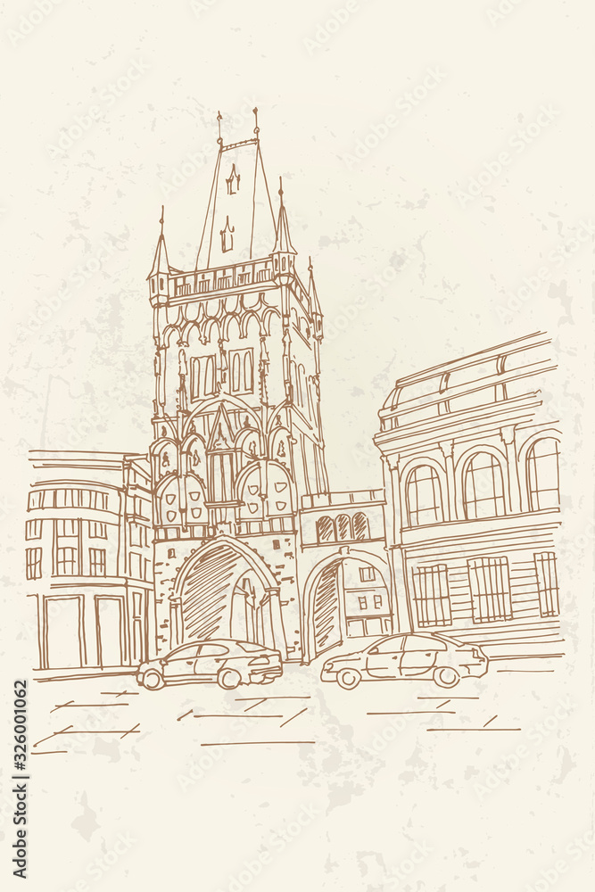 vector sketch of The Powder Tower, Prague, Czech Republic.