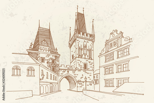 vector sketch of Lesser Town Bridge Towers on Charles Bridge. Prague, Czech Republic, Bohemia. © phant