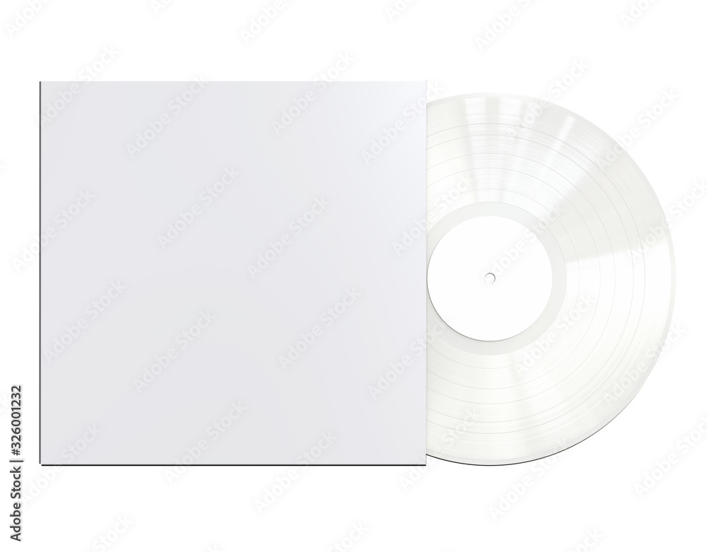 White Colored Vinyl Disc Mock Up. Modern LP Vinyl Record with White Cover  Sleeve and White Label Isolated on White Background. 3D Render. Stock  Illustration