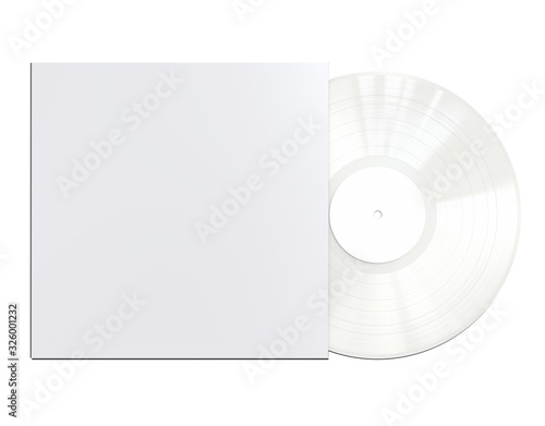 White Colored Vinyl Disc Mock Up. Modern LP Vinyl Record with White Cover Sleeve and White Label Isolated on White Background. 3D Render.