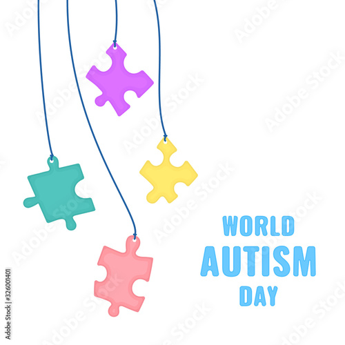 Autism disorder awareness poster of hanging jigsaw puzzle pieces on white background. Solidarity and support vector illustration. Healthcare and medical concept. 