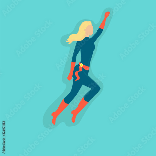 The concept of a strong woman. Girl power. Blonde in a superhero costume. Vector illustration.