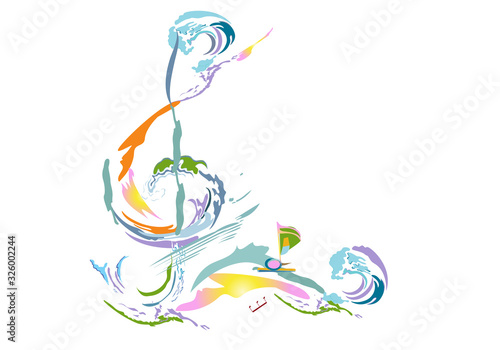 Abstract musical design with a treble clef and colorful splashes and waves. Hand drawn vector illustration.