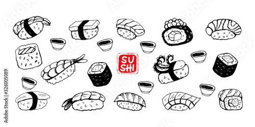 Set of hand drawn different Japanese sushi and rolls. Vector illustration.