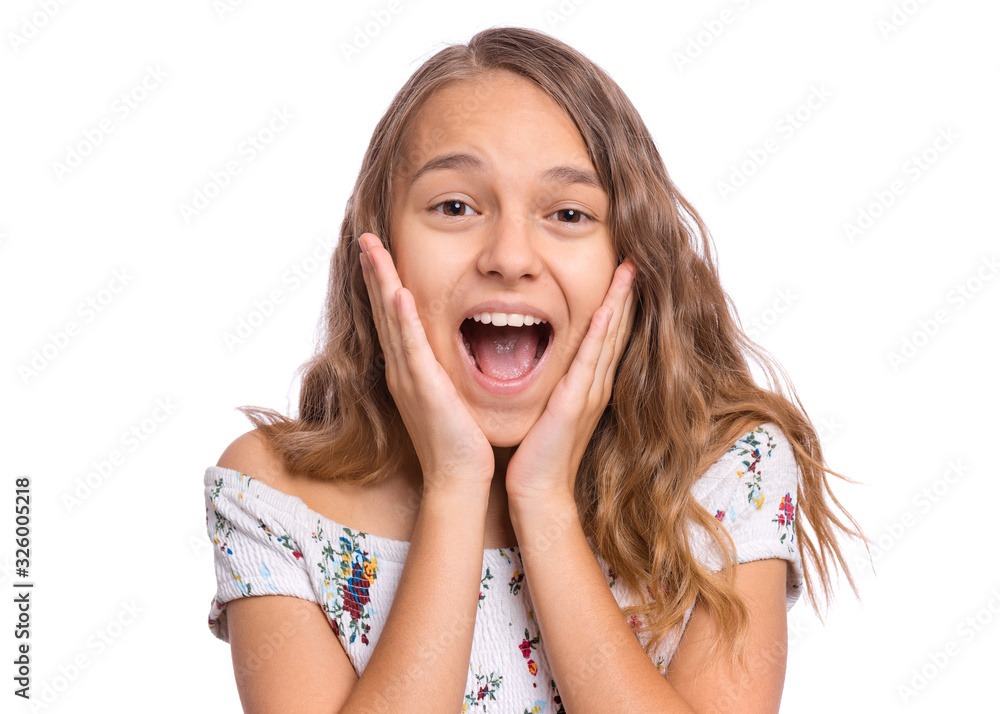 Portrait of surprised teen girl, isolated on white background. Funny child looking at camera in amazement, touching face with hands. Beautiful caucasian teenager, opening eyes and mouth with shock. Portrait of surprised teen girl, isolated on white background. Funny child looking at camera in amazement, touching face with hands. Beautiful caucasian teenager, opening eyes and mouth with shock.