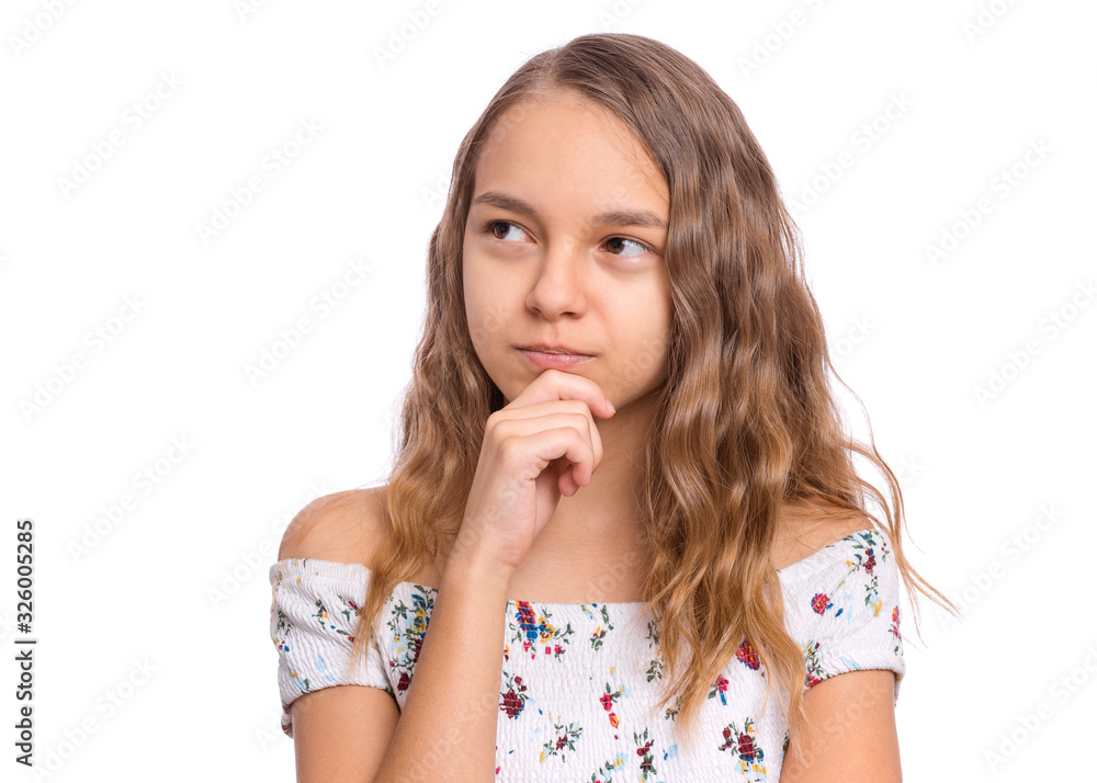 Portrait of pensive teen girl isolated on white background. Thoughtful teenager holding hand near face, looking away at copy space. Beautiful caucasian confident child student. Portrait of pensive teen girl isolated on white background. Thoughtful teenager holding hand near face, looking away at copy space. Beautiful caucasian confident child student.