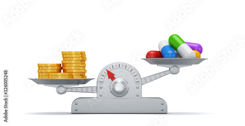 Wallpaper Mural Scales a medicine and money. 3d render illustration. Price of treatment. Coins outweigh. Torontodigital.ca