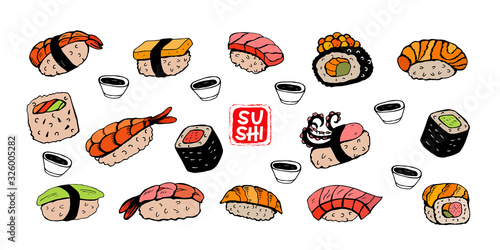 Set of hand drawn different Japanese sushi and rolls. Vector illustration.