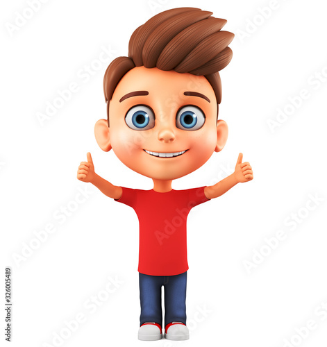 3d render illustration. Cartoon character of a little boy shows two thumbs up on a white background.