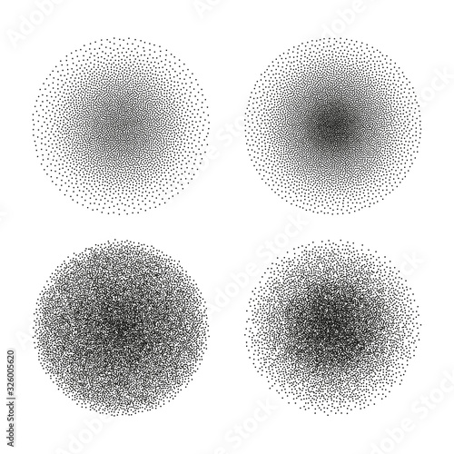 Vector set of stipple circle textures. Dotted gradient halftone ink spray effect