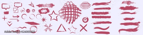 Highlighter marks. Hand drawn red highlight marker signs. Ink splashes stencil.  Vector highlighter strokes arrows isolated on white background. Doodle style sketched Elements. Ink blots. Modern