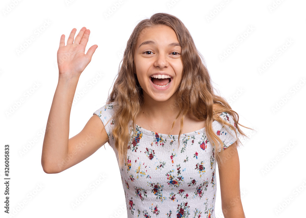 Portrait of happy teen girl making greeting gesture with palm. Teenager student Back to school. Caucasian cute smiling child, isolated on white background. Portrait of happy teen girl making greeting gesture with palm. Teenager student Back to school. Caucasian cute smiling child, isolated on white background.