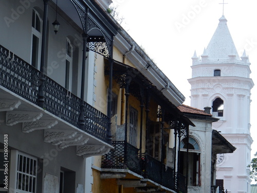 colonial architecture in Panama City casco viejo (old town) with the cathedral tower, Panama, Central America photo