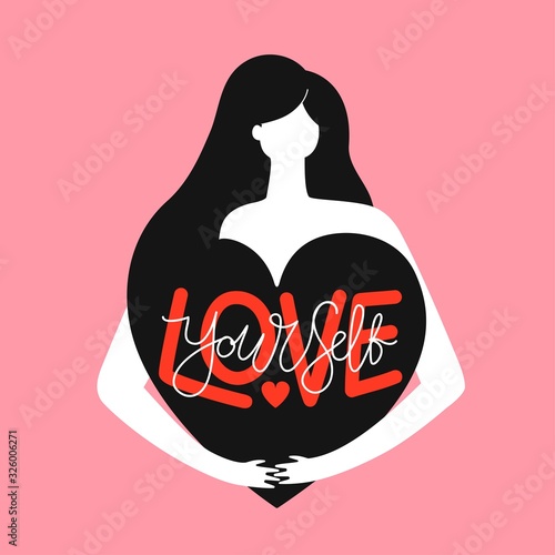 Vector illustration with long hair woman, heart shape and lettering phrase. Love yourself