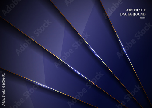 Elegant blue metallic glossy background overlapping layer with shadow with gold line luxury style.