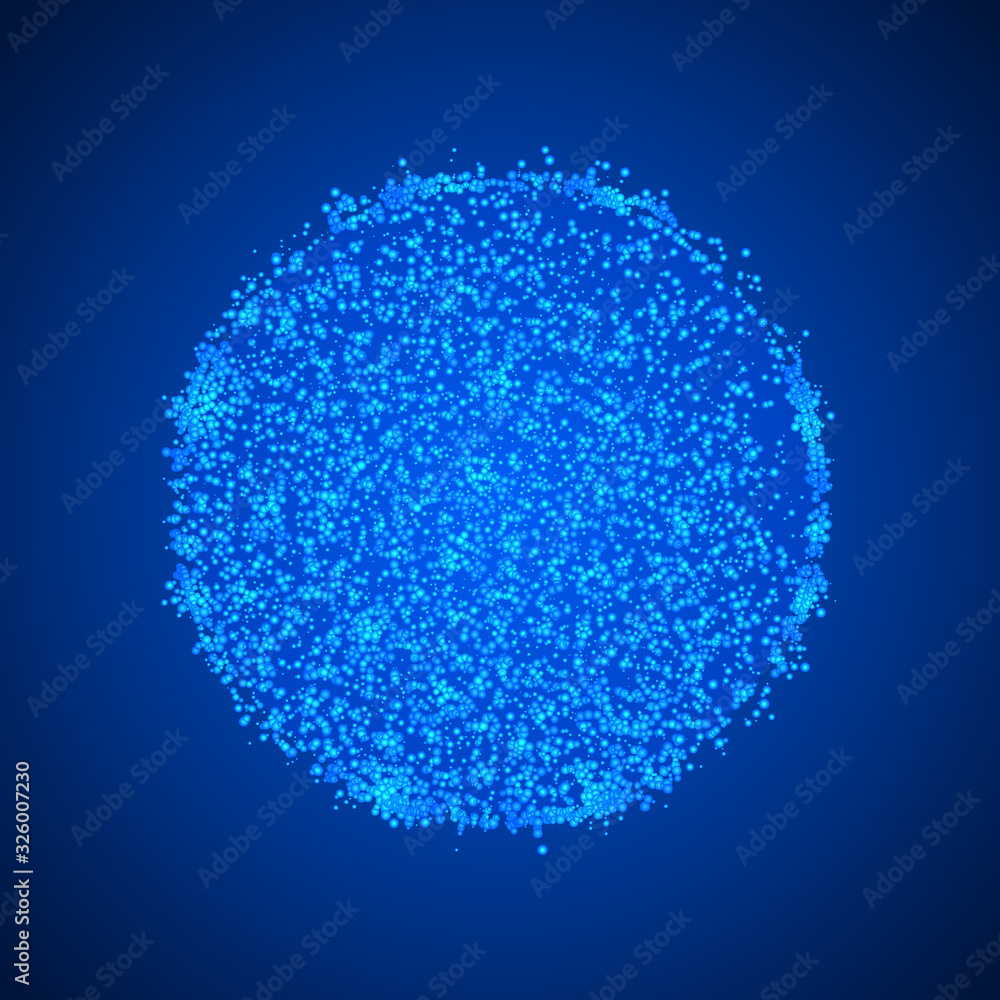 Abstract blue sphere of glowing light particles on a dark blue space ...