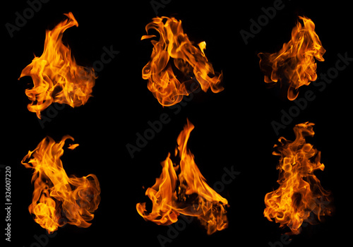 Fire collection set of flame burning isolated on dark background for graphic design purpose 
