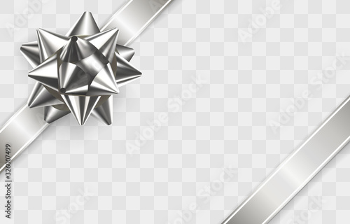 Glossy silver bow. Glowing bow with two silver ribbons isolated on transparent background. Greeting card template