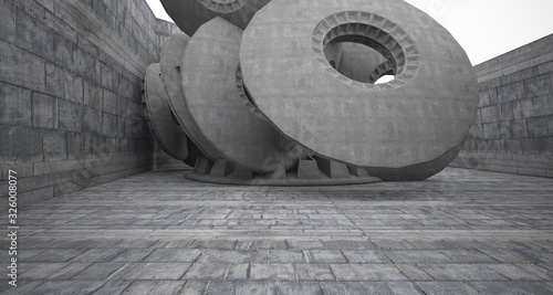 Abstract architectural concrete interior with discs. 3D illustration and rendering.