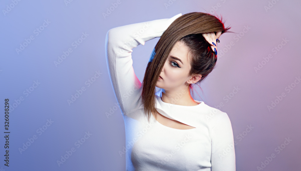 portrait of cocky teenager girl with long ponytail hair on studio background, young woman with character, fashion model, female beauty portrait of cocky teenager girl with long ponytail hair on studio background, young woman with character, fashion model, female beauty