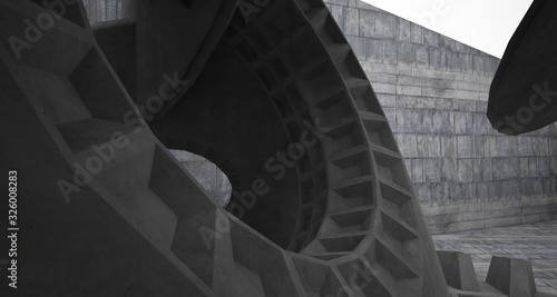 Abstract architectural concrete interior with discs. 3D illustration and rendering.