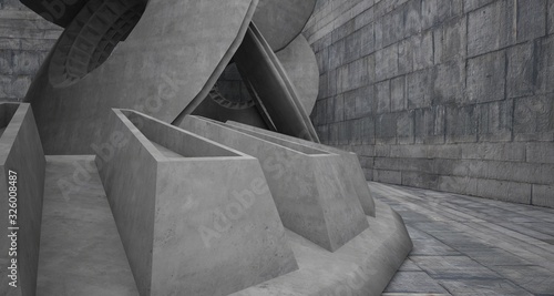 Abstract architectural concrete interior with discs. 3D illustration and rendering.