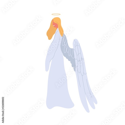 Angel cartoon woman in white dress vector flat illustration. Mythical creature female character with halo and wings isolated on white background. Colorful mythological girl