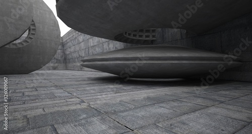 Abstract architectural concrete interior with discs. 3D illustration and rendering.