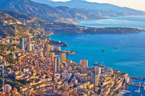 Monaco and Monte Carlo cityscape and coastline colorful view from above photo