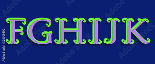 F, G, H, I, J, K green purple volumetric letters. Vintage 3d font.