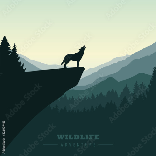 wolf on a cliff howls green nature landscape vector illustration EPS10