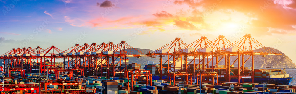 Industrial container freight port at beautiful sunset in Shanghai,China.