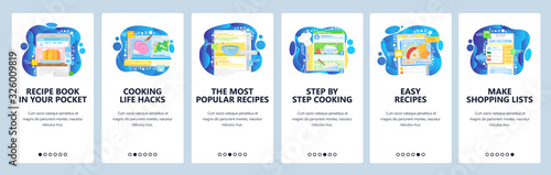 Online cuisine cook recipes. Food cooking guide, kitchen cookbook, ingredients. Mobile app onboarding screens. Menu vector banner template for website mobile development. Web site design illustration