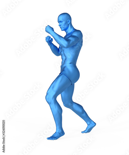 Man doing boxing workout. Generic blue figure  isolated on white. 3D rendering.