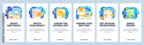 Healthy lifestyle and weight loss diet. Cook healthy food by online recipe. Mobile app onboarding screens. Menu vector banner template for website and mobile development. Web site design illustration