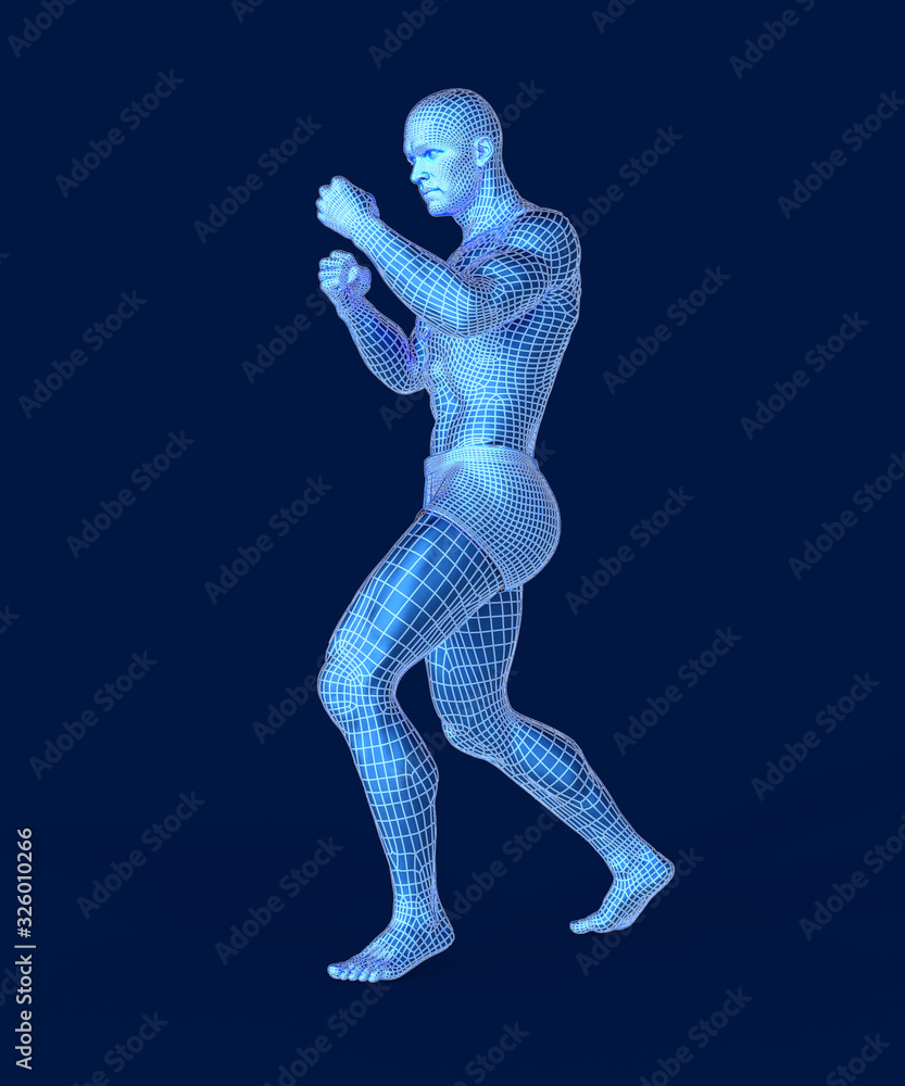 Man doing boxing workout. Generic blue figure with wireframe overlay. 3D rendering.