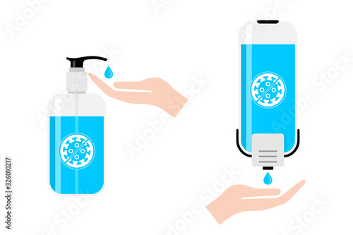 Hand sanitizers. Alcohol rub sanitizers kill most bacteria, fungi and stop some viruses. Avoid getting sick and spreading germs. Hygiene product.