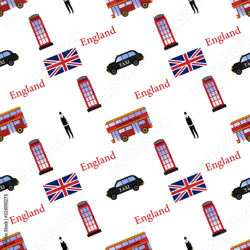 Seamless Pattern Of England Symbols and Objects. Design Can be Used for Wrapping Paper, Wallpaper, Pattern Fills, Web Page Backgrounds, Surface Textures. Cartoon Flat Style. Vector Illustration