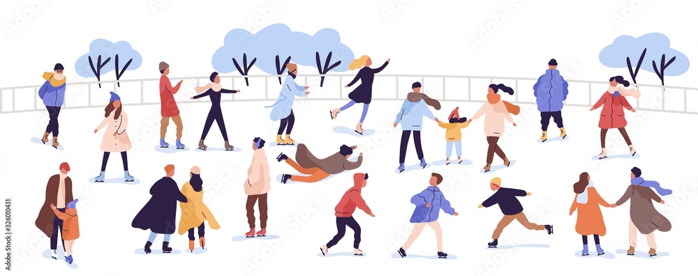 Crowd of active cartoon people ice skating on rink vector flat illustration. Man, woman, children, family and couple outdoors activity isolated on white. Colorful person in seasonal outerwear