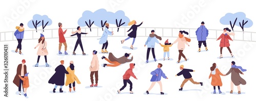 Crowd of active cartoon people ice skating on rink vector flat illustration. Man  woman  children  family and couple outdoors activity isolated on white. Colorful person in seasonal outerwear