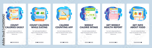 Healthy food and low calories diet. Count calories app. Healthy lifestyle. Mobile app onboarding screens. Menu vector banner template for website and mobile development. Web site design illustration