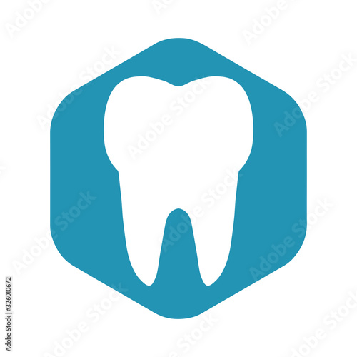 Tooth icon. White tooth on a blue hexagon. Vector illustration in a simple flat style isolated on a white background.