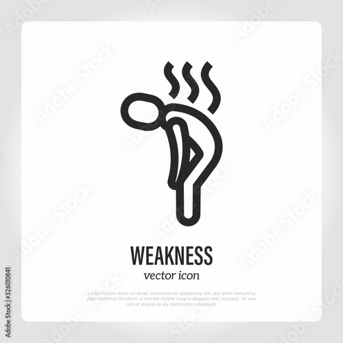 Weakness, fatigue, tiredness. Thin line icon. Symptom of virus, flu, depression. Healthcare and medical vector illustration.