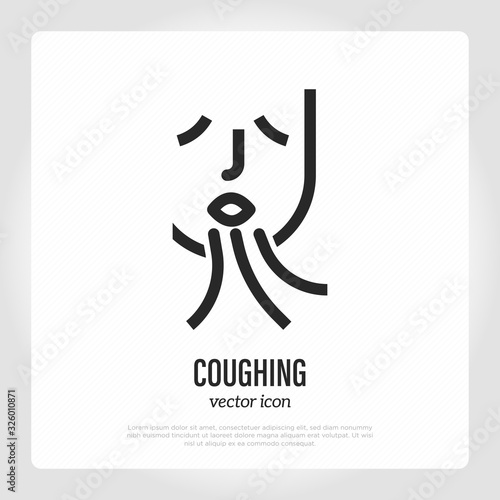 Coughing thin line icon. Symptom of angina, bronchitis, flu, grippe, coronavirus. Healthcare and medical vector illustration.