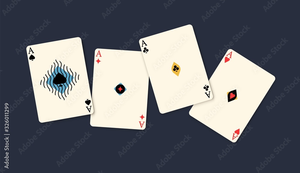 Four aces winning poker hand isolated on black background. Playing card game combination ace of different stripes vector flat illustration. Gambling winner chance four of a kind compound Four aces winning poker hand isolated on black background. Playing card game combination ace of different stripes vector flat illustration. Gambling winner chance four of a kind compound