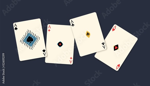 Four aces winning poker hand isolated on black background. Playing card game combination ace of different stripes vector flat illustration. Gambling winner chance four of a kind compound